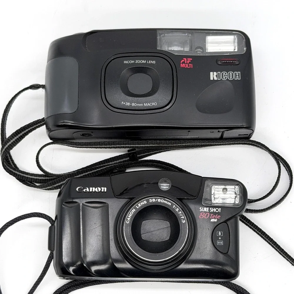 Ricoh RZ-880 Date and Canon Sure Shot 80 Tele 35mm Film Camera Lot Black